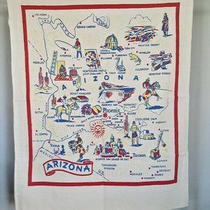 Vintage ARIZONA STATE TABLECLOTH Souvenir 37" x 30" White Cotton MID CENTURY